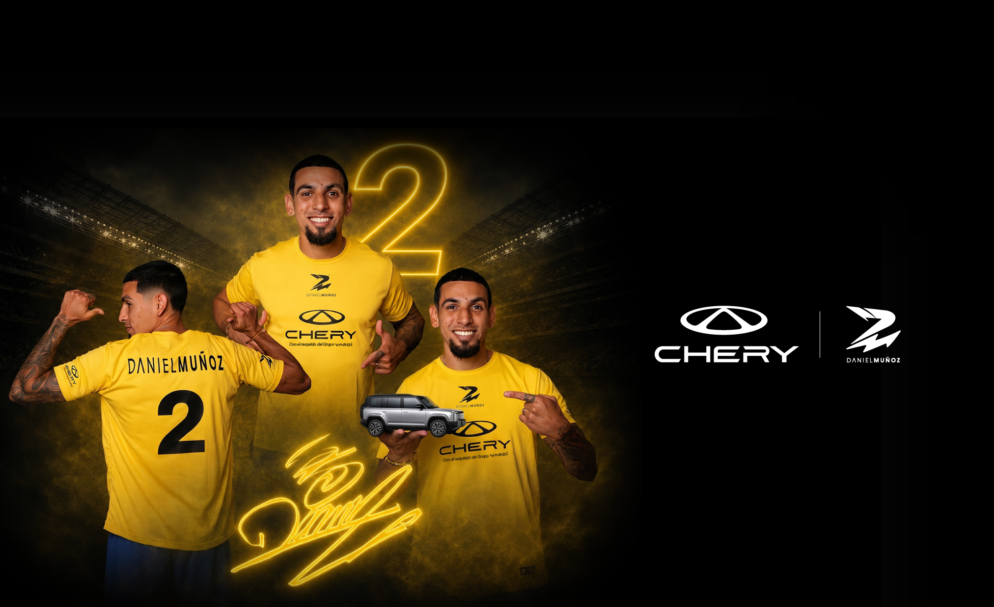Arte promocional de la alianza entre Chery Colombia y Daniel Muñoz con el número 2, firma del jugador y logos de Chery y Daniel Muñoz