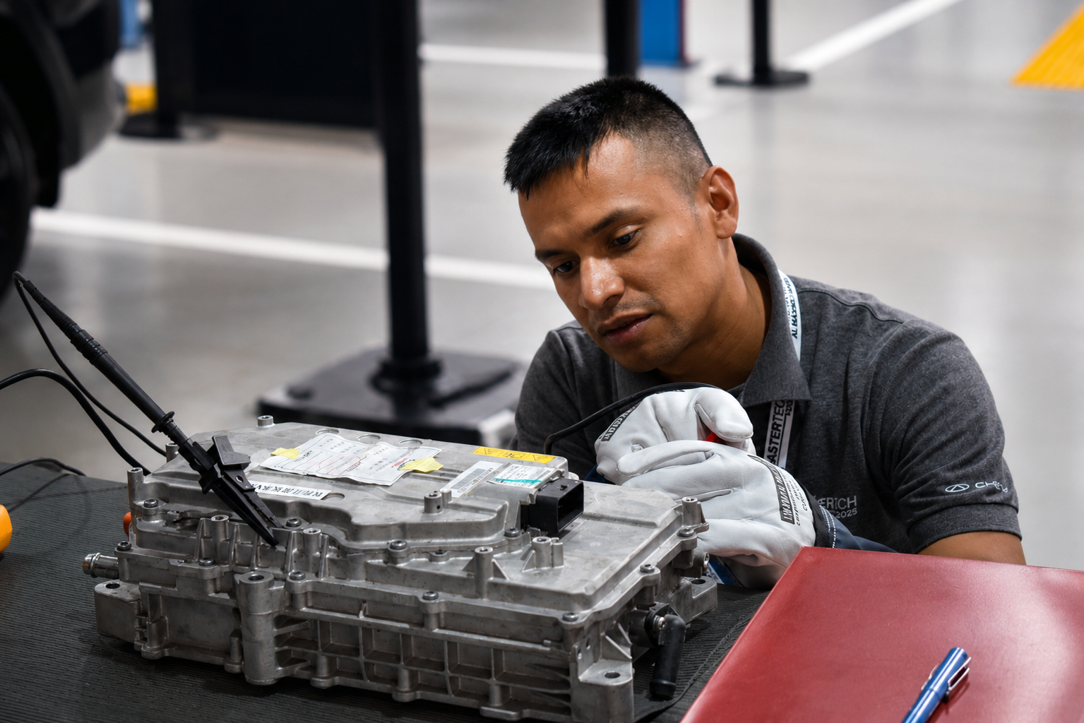 Técnico de Chery Colombia realizando el diagnóstico de una transmisión durante la competencia MasterTech 2026