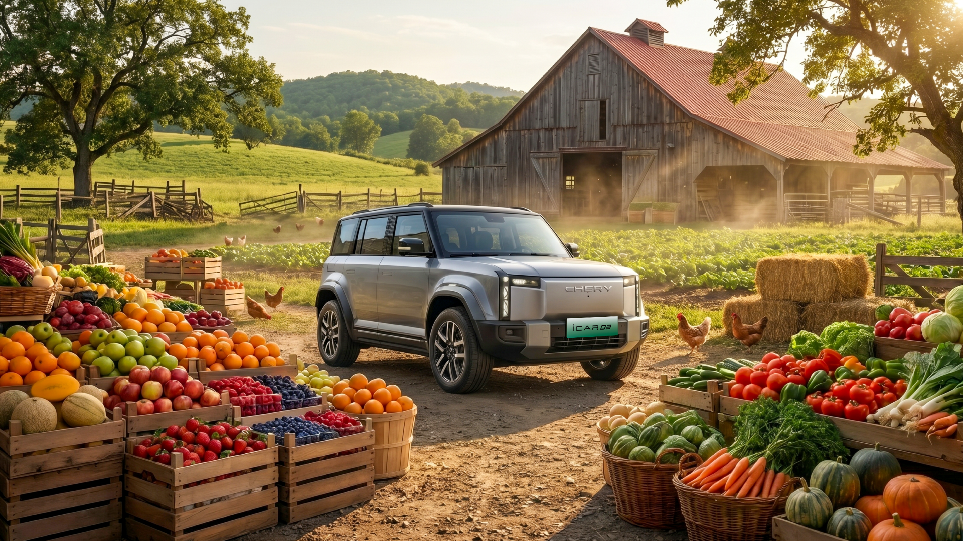 SUV Chery iCAR 03 en un entorno rural rodeado de frutas, verduras y productos del campo colombiano durante la jornada con Camilo Cifuentes