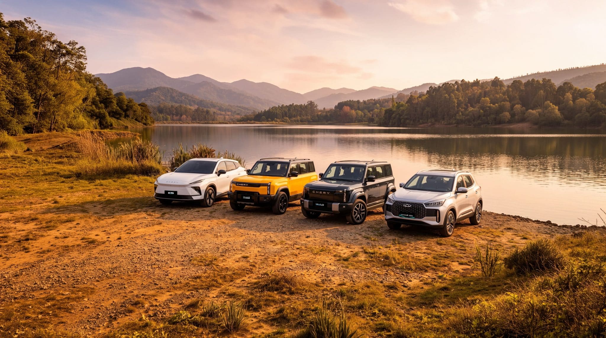Chery E5, iCAR 03T, iCAR 03 y TIGGO 4 CSH estacionados a la orilla de un lago, con montañas al atardecer